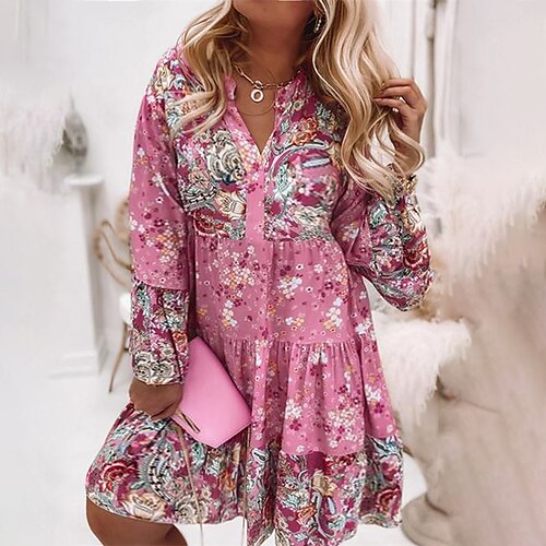 

Women's Plus Size Casual Dress Print V Neck Ruched Long Sleeve Winter Fall Casual Midi Dress Causal Daily Dress