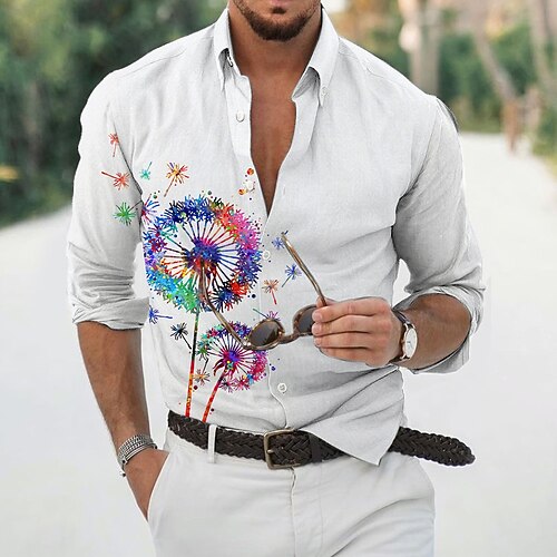 

Men's Shirt 3D Print Dandelion Stand Collar Casual Daily 3D Print Button-Down Long Sleeve Tops Casual Fashion Comfortable White / Sports