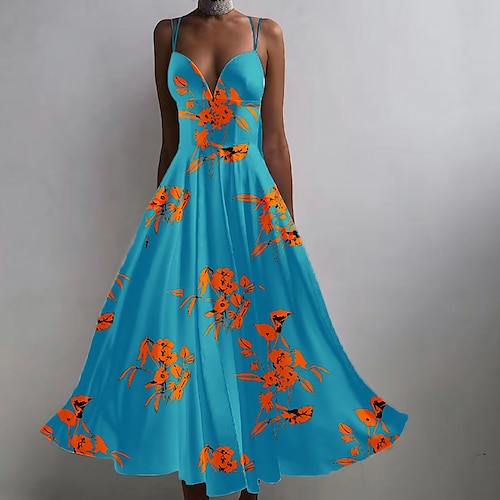 

Damen abendkleider Schaukelkleid A Linie Kleid kleid lang Weiß Blau Dunkelblau Ärmellos Blumen Rückenfrei Frühling Sommer V Ausschnitt Stilvoll Party Wochenende Schlank 2023 S M L XL XXL