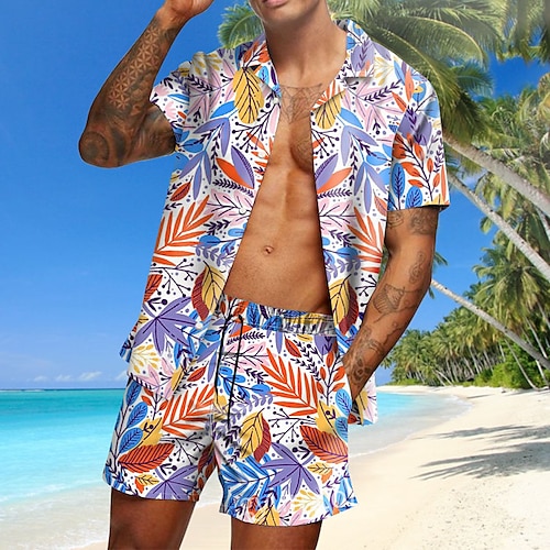 

Men's Shirt Set Summer Hawaiian Shirt Leaves Turndown Blue Rainbow 3D Print Outdoor Casual Short Sleeve 3D Print Button-Down Clothing Apparel Fashion Casual Hawaiian Comfortable / Spring