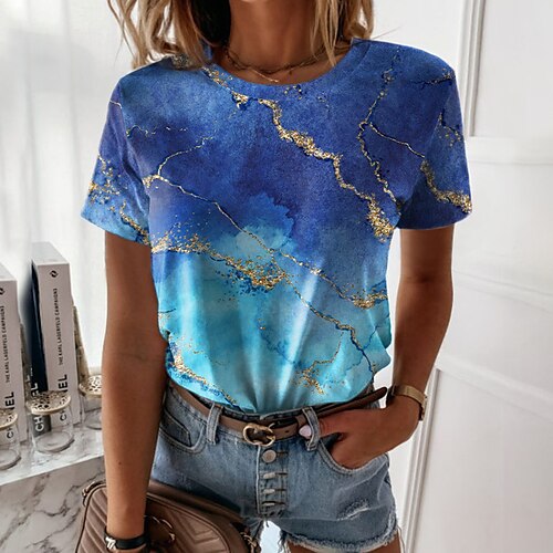 

Women's T shirt Tee Green Blue Purple Graphic Geometric Print Short Sleeve Casual Weekend Basic Round Neck Regular Abstract Painting S / 3D Print