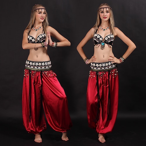 

Women's Dancer Belly Dance Performance Belly Dance Tribal Sequined Bra Waist Belt Belly Dance Costume Stylish Polyester Burgundy Pants Bra Belt