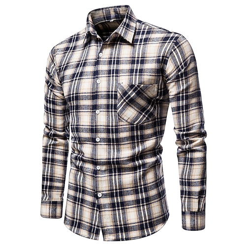 

Camisa masculina outras estampas treliça abertura de cama casual diário com botão para baixo manga longa tops de bolso moda casual camisas de verão bege