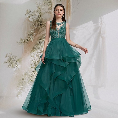 

Ball Gown Cut Out Sexy Prom Formal Evening Dress Jewel Neck Sleeveless Floor Length Tulle with Lace Insert 2022