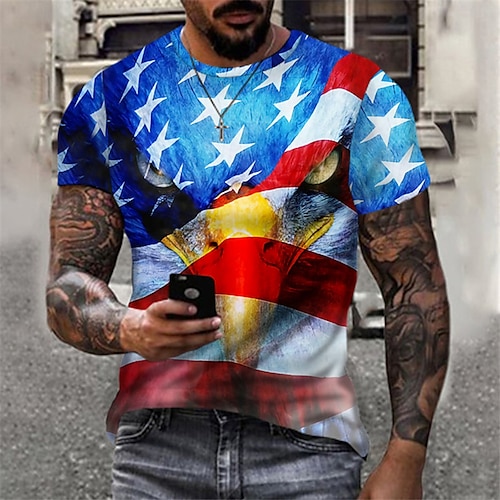 

Men's T shirt Tee Animal Eagle National Flag Crew Neck Blue 3D Print Outdoor Street Short Sleeve Print Clothing Apparel Sports Fashion Sportswear Casual / Summer / Spring / Summer