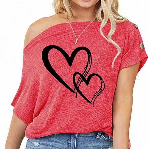 

Women's Plus Size Tops Blouse T shirt Tee Heart Button Print Short Sleeve One Shoulder Streetwear Daily Going out Polyester Spring Summer Black Gray