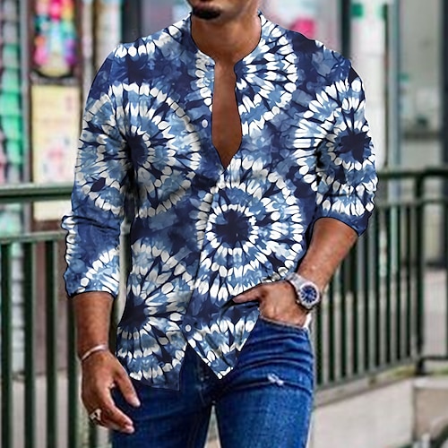 Men's Shirt Graphic Shirt Tie Dye Stand Collar Blue Green Gray 3D Print  Outdoor Casual Long Sleeve Button-Down Print Clothing Apparel Fashion  Designer Casual Comfortable 2024 - $25.99