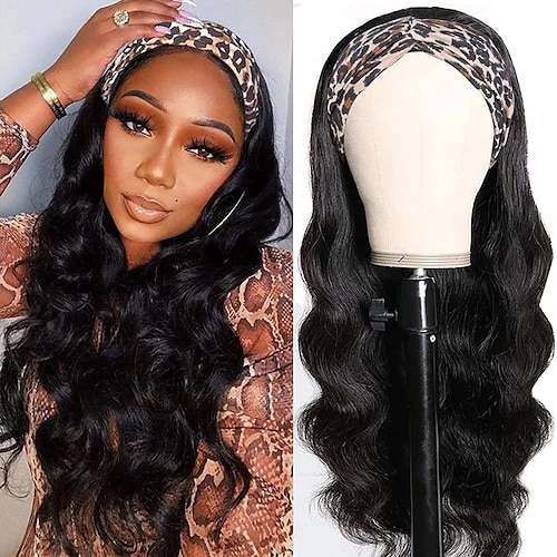 

Human Hair Wig Long Wavy With Headband Natural Black Fashionable Design Classic Women Machine Made Brazilian Hair Women's Natural Black #1B 12 inch 14 inch 16 inch Party / Evening Daily Daily Wear
