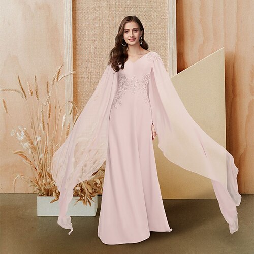 

A-linje Elegant Sød Stil Skolebal Formel aften Kjole V-hals Langærmet Gulvlang Chiffon med Applikeret broderi 2022