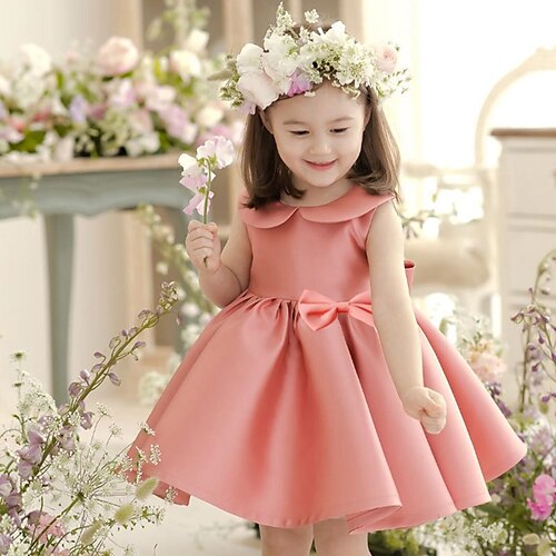 

Kids Girls' New Year Dress Solid Colored A Line Dress Midi Dress Performance Bow Sleeveless Princess Dress 2-6 Years Spring Pink