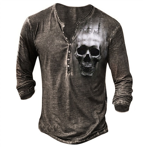 

Men's T shirt Tee Henley Shirt Skull Graphic Prints Henley Brown 3D Print Outdoor Casual Long Sleeve Button-Down Print Clothing Apparel Lightweight Breathable Big and Tall