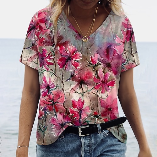 

Women's Floral Theme Painting T shirt Floral Print V Neck Basic Tops Green Blue Purple / 3D Print