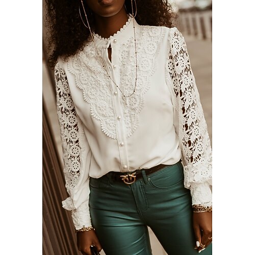 

Women's Blouse Shirt White Plain Lace Button Long Sleeve Daily Weekend Casual Standing Collar Regular S / Cut Out