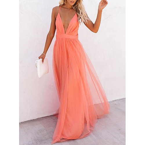 

Women's Evening Dress Beach Party Summer New Tender Pink Black Orange Purple Red Wine Dark Blue Deep V Suspender Dress Sexy Backless Mesh Long Dress 2022 S M L