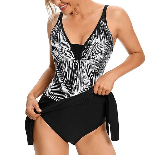 

Women's Tankini Bathing Suit Floral / Botanical Swimwear Black Dark Blue UV Sun Protection Ultra Light (UL) Breathable Sleeveless - Swimming Surfing Water Sports Summer / Spandex / Stretchy
