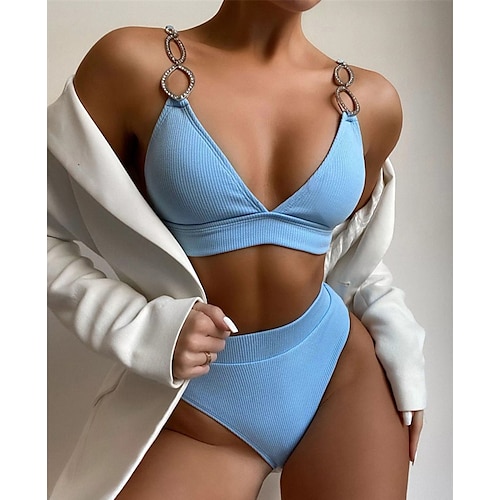 

Women's Swimwear Bikini 2 Piece Normal Swimsuit Open Back Pure Color White Blue Rosy Pink Wine Fuchsia V Wire Bathing Suits Sexy Vacation Sexy / Modern / New / Padless