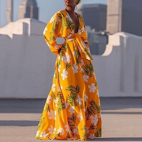 

robe longue Femme Robe casual manche longue Hiver Automne - Vacances à la mode Casual Imprimer Floral Col V robe hiver robe automne Ample 2023 Blanche Orange S M L XL