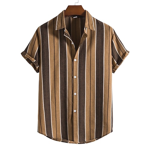 

camisa de hombre a rayas de calle descubierta casual con botones estampados de manga corta tops moda casual transpirable cómodo marrón camisas de verano camisas de verano