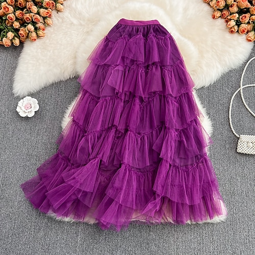 

Women's Skirt Midi Organza Blue Purple Pink Khaki Skirts Summer Ruffle Layered Fashion Casual Daily Weekend One-Size