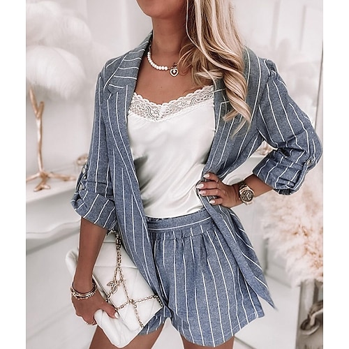 

Damen Blazer Büroanzug Shorts-Sets Strassenmode Blau B¨¹ro Freizeitskleidung Gestreift Hemdkragen S M L XL
