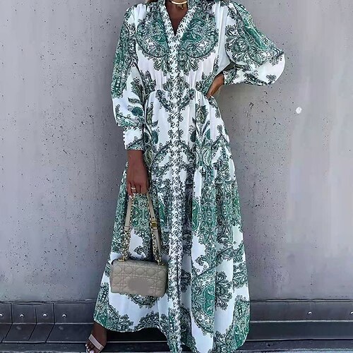 

Women's A Line Dress Maxi long Dress Green Gray Long Sleeve Print Split Print Spring Summer V Neck Casual Modern 2022 S M L XL XXL 3XL