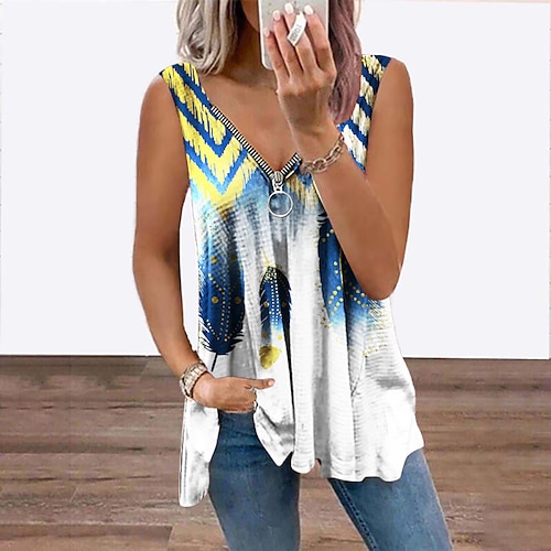 

Women's Tank Top Vest Blue Red Brown Feather Flowing tunic Quarter Zip Sleeveless Daily Weekend Streetwear Casual V Neck Regular S / 3D Print / Print