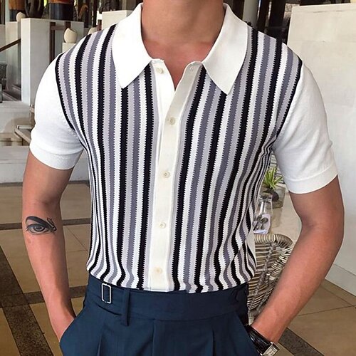 

Men's Collar Polo Shirt Knit Polo Sweater Golf Shirt Graphic Striped Turndown Navy Blue Casual Daily Short Sleeve Zipper Clothing Apparel Sports Fashion Lightweight Big and Tall / Summer / Summer