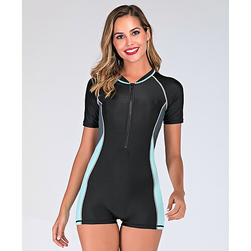 

Women's Rash Guard Dive Skin Suit One Piece Swimsuit UV Sun Protection UPF50 Breathable Short Sleeve Bodysuit Bathing Suit Front Zip Swimming Surfing Beach Water Sports Patchwork Summer / Stretchy