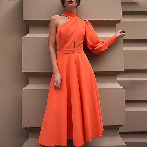 

vestido de fiesta semi formal para mujer vestido naranja quemado vestido de una línea vestido midi naranja verde manga larga color puro patchwork invierno otoño un hombro vestido casual de invierno