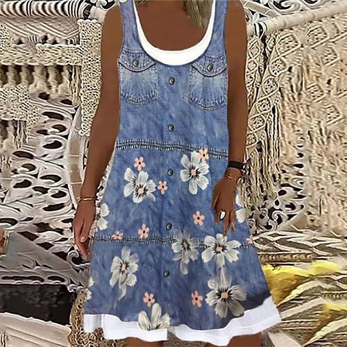 

Mujer Vestido de cambio Vestido Midi Azul Piscina Sin Mangas Floral falso de dos piezas Primavera Verano Cuello Barco Casual Fin de semana 2023 S M L XL XXL 3XL 4XL 5XL