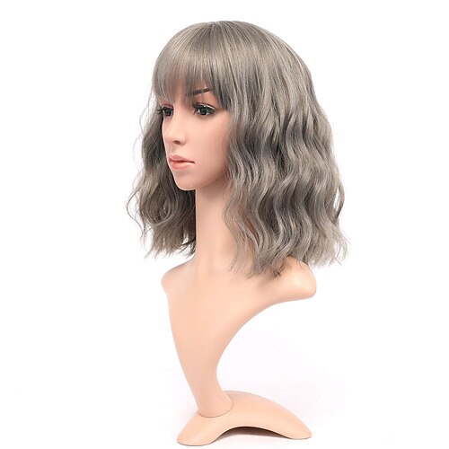 

Natural Wavy Wig Short Bob Wigs With Air Bangs Gray Color Shoulder Length Women's Curly Wavy Synthetic Cosplay wig for Girl Colorful Costume Wigs(12 Gray)