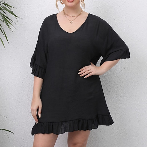 

Women's Plus Size Curve Shift Dress Solid Color V Neck Ruffle 3/4 Length Sleeve Spring Summer Casual Short Mini Dress Daily Holiday Dress