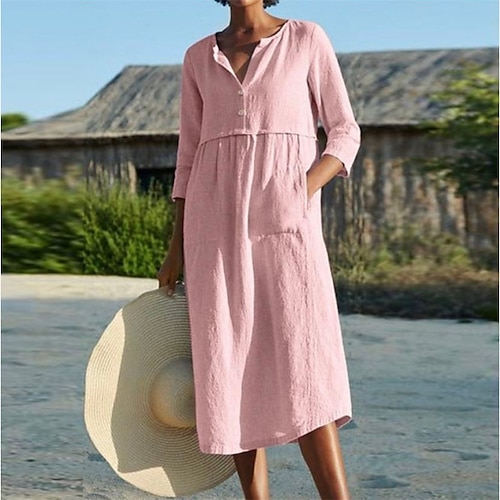 

Robe en coton et lin Robe casual Femme Robe longue maxi Lin Mélange de Coton mode Elégant du quotidien Vacances Sortie Col V Bouton Poche Manches 3/4 Printemps 2023 Ample Noir Rose Claire Vin Couleur