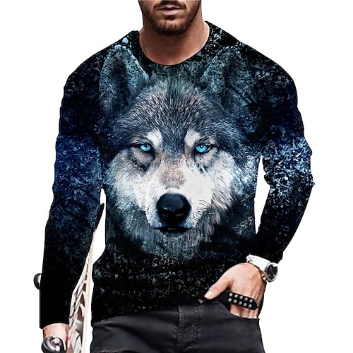 

Men's Unisex T shirt Tee Funny T Shirts Wolf Graphic Prints Crew Neck Blue 3D Print Daily Holiday Long Sleeve Print Clothing Apparel Designer Casual Big and Tall