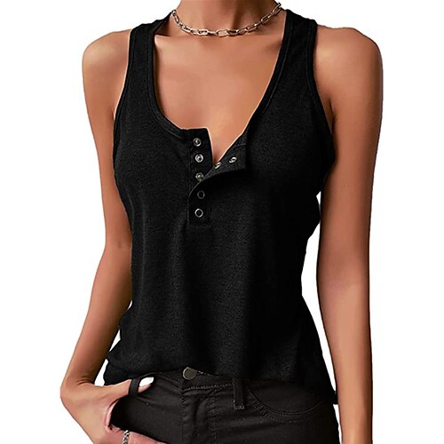 

Women's Tank Top Shirt Green Blue Wine Plain Button Sleeveless Daily Weekend Casual V Neck Regular S