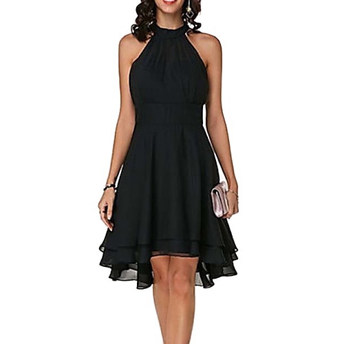 

A-Line Flirty Empire Engagement Cocktail Party Dress Halter Neck V Back Sleeveless Knee Length Chiffon with Sleek Tier 2022
