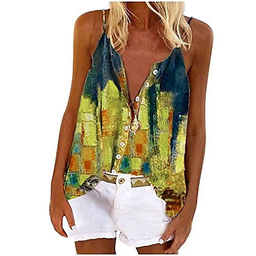 

Tank Top Women, Women's Tops Summer Printed Loose V-Neck Sleeveless Vest Tops Buttons Chiffon Camis Blouse T-Shirt