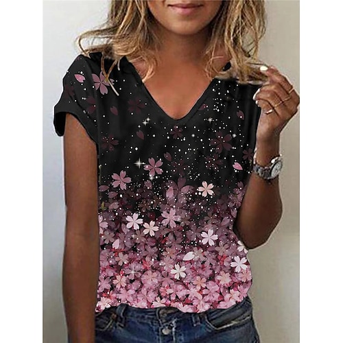 

Women's T shirt Tee Black Floral Plants Short Sleeve Casual Daily Basic V Neck Regular Floral S