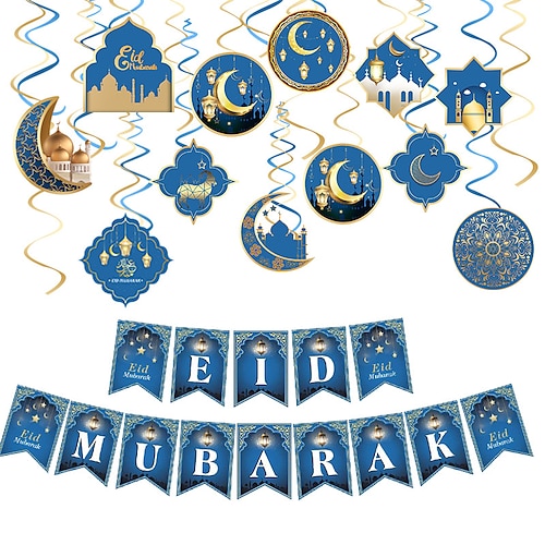 

Eid Mubarak Ramadan Spiral Ornament Pull Flag Horizontal Flower Package Party Decoration for Eid Mubarak Themed Party