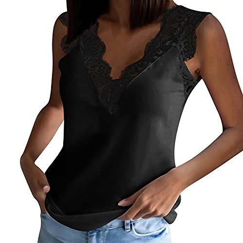 

Women Solid Tank Vest V Tops Blouse Sleeveless T-Shirt Tops Lace Neck Loose Splice Women's Tanks & Camis Women's Camis (Black, XL)