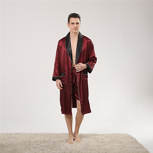 

Men's Silk Robe Silk Kimono 2 Pieces Pure Color Simple Ultra Slim Romantic Home Daily Bed Faux Silk Breathable Lightweight V Wire Long Sleeve Robe Top Shorts Lace up Basic Fall Spring Red black