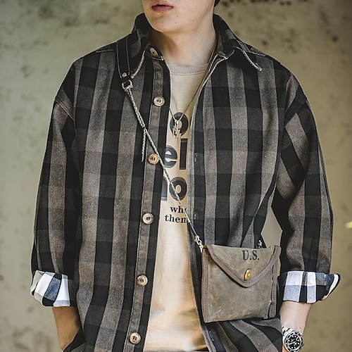 

Men's Shirt Lattice Turndown Street Casual Button-Down Long Sleeve Tops Casual Green Brown Summer Shirts