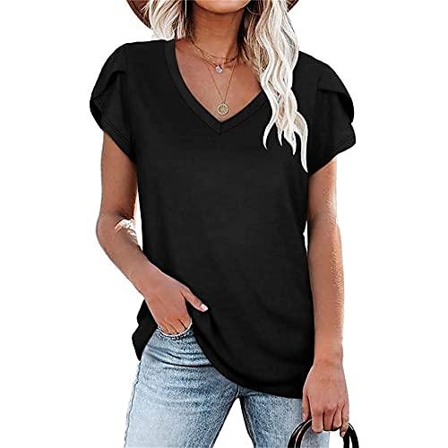 

sommer kvinders afslappet løs ensfarvet kronbladsærmet top v-hals kortærmet t-shirt sort