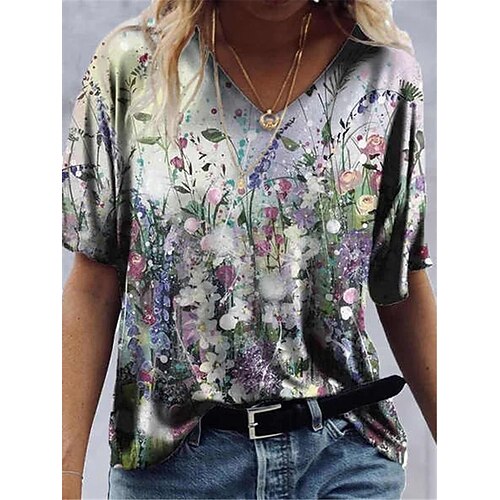

Women's T shirt Tee Rainbow Floral Plants Short Sleeve Casual Daily Basic V Neck Regular Floral S / 3D Print