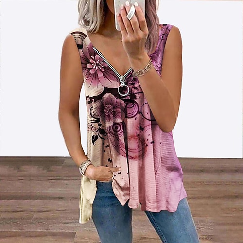 

Women's Tank Top Vest Green Purple Pink Floral Flowing tunic Quarter Zip Sleeveless Daily Weekend Streetwear Casual V Neck Regular Floral S / 3D Print / Print