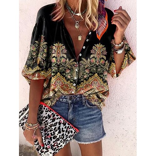 

Women's Blouse Shirt Black Graphic Geometric Print Long Sleeve Vintage Boho Ethnic Shirt Collar Regular S