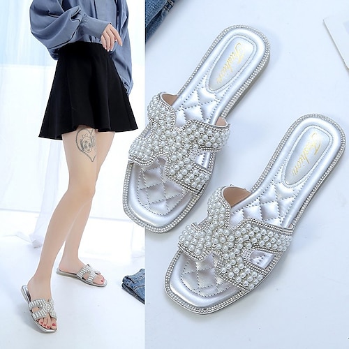 

Women's Slippers Outdoor Slippers Daily Summer Pearl Flat Heel Round Toe PU Leather Loafer Solid Colored Silver Green Beige