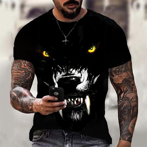 

Men's T shirt Tee Graphic Wolf Crew Neck Green Blue Yellow 3D Print Daily Sports Short Sleeve Print Clothing Apparel Designer Casual Classic Big and Tall / Summer / Summer