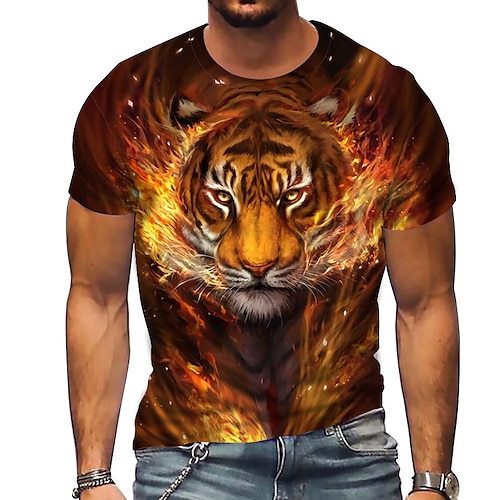 

Herre T-shirt Dyr Tiger Rund hals Gul 3D-udskrivning udendørs Gade Kortærmet Trykt mønster Tøj Sport Mode Sportstøj Afslappet / Sommer / Forår / Sommer