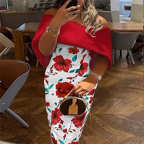 

kvinners plus size festkjole ensfarget off shoulder print halvermet vår høst elegant ballkjole midikjole festarbeidskjole